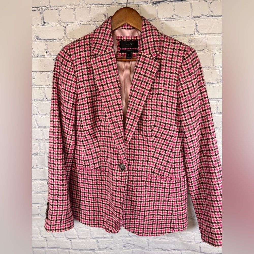 J Crew Pink Burgundy Campbell Classic Preppy Academia Wool Houndstooth Blazer 8